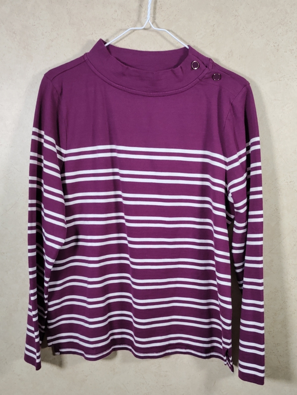 J196 Talbots Purple & White Striped Long Sleeve Mock Neck Cotton Tee L